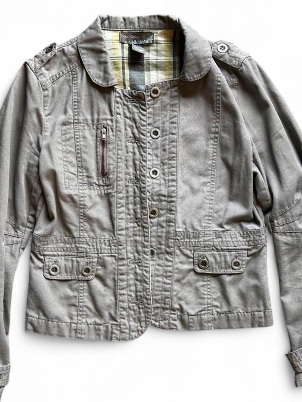 Doki Geki 100% Cotton Utility Jacket Women’s Large Plaid Lined Military Jacket